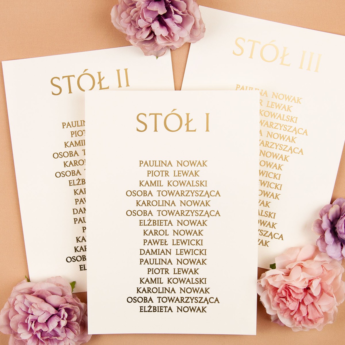 Plany stołów weselnych (rozmieszczenie gości) na pojedynczych kartach ze złotym wykończeniem - Blossom