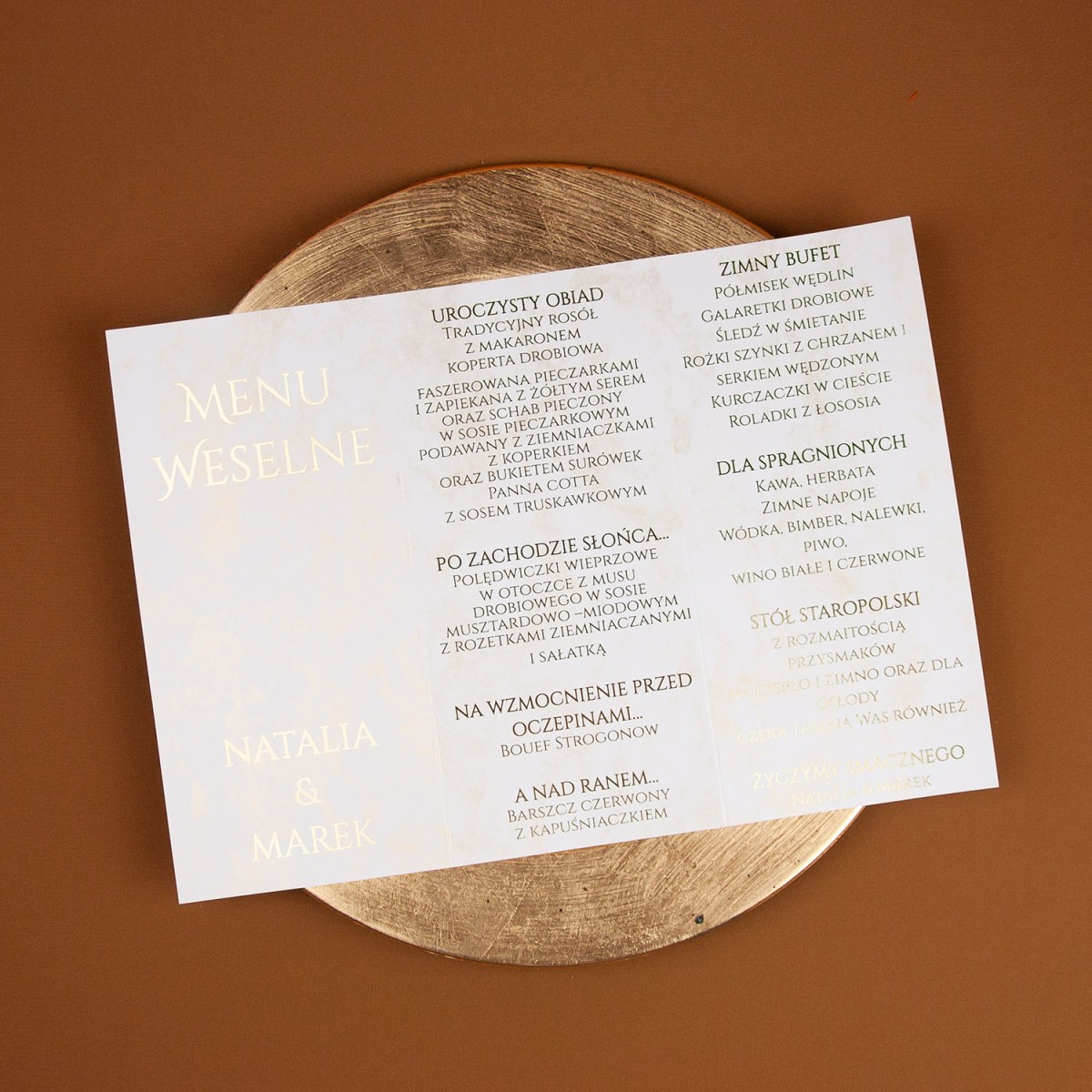 Pozłacane menu rozkładane na papierze z delikatnym złotym marmurkiem - Allysa
