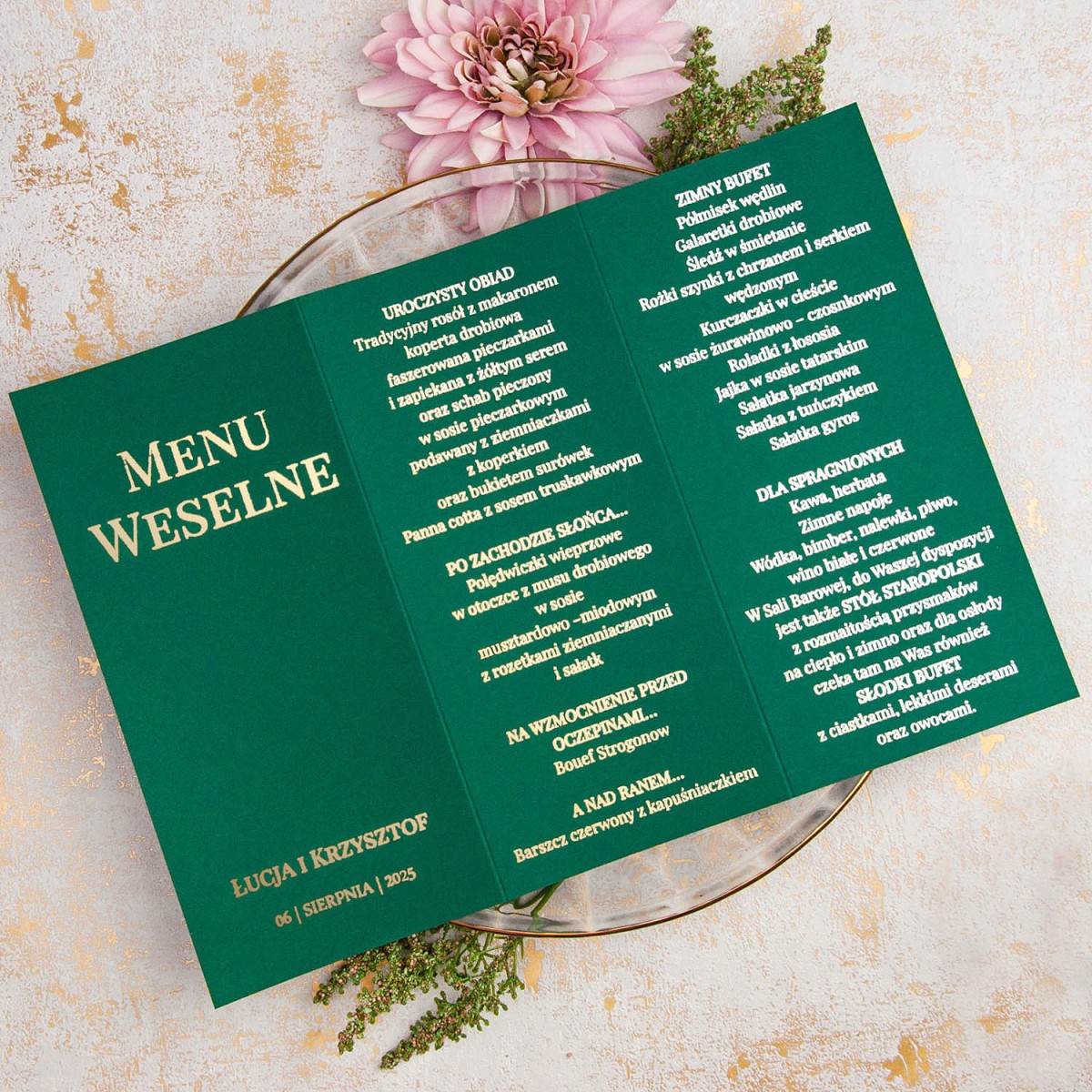 Pozłacane rozkładane menu na szmaragdowym papierze - Unity Green, Royal Green