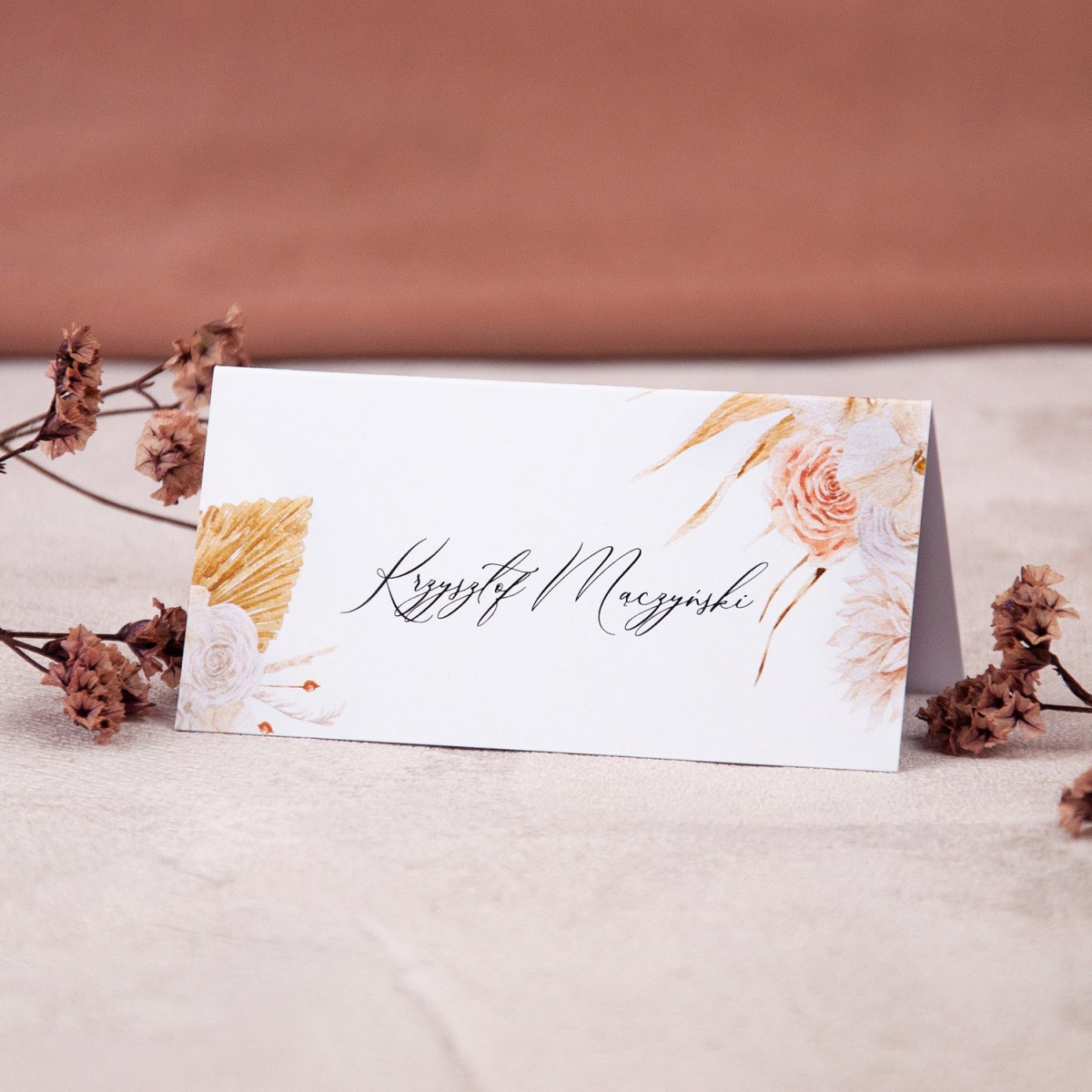 Rustykalne winietki na stoły weselne z motywem kwiatów boho - Pastel Boho - PRÓBKA