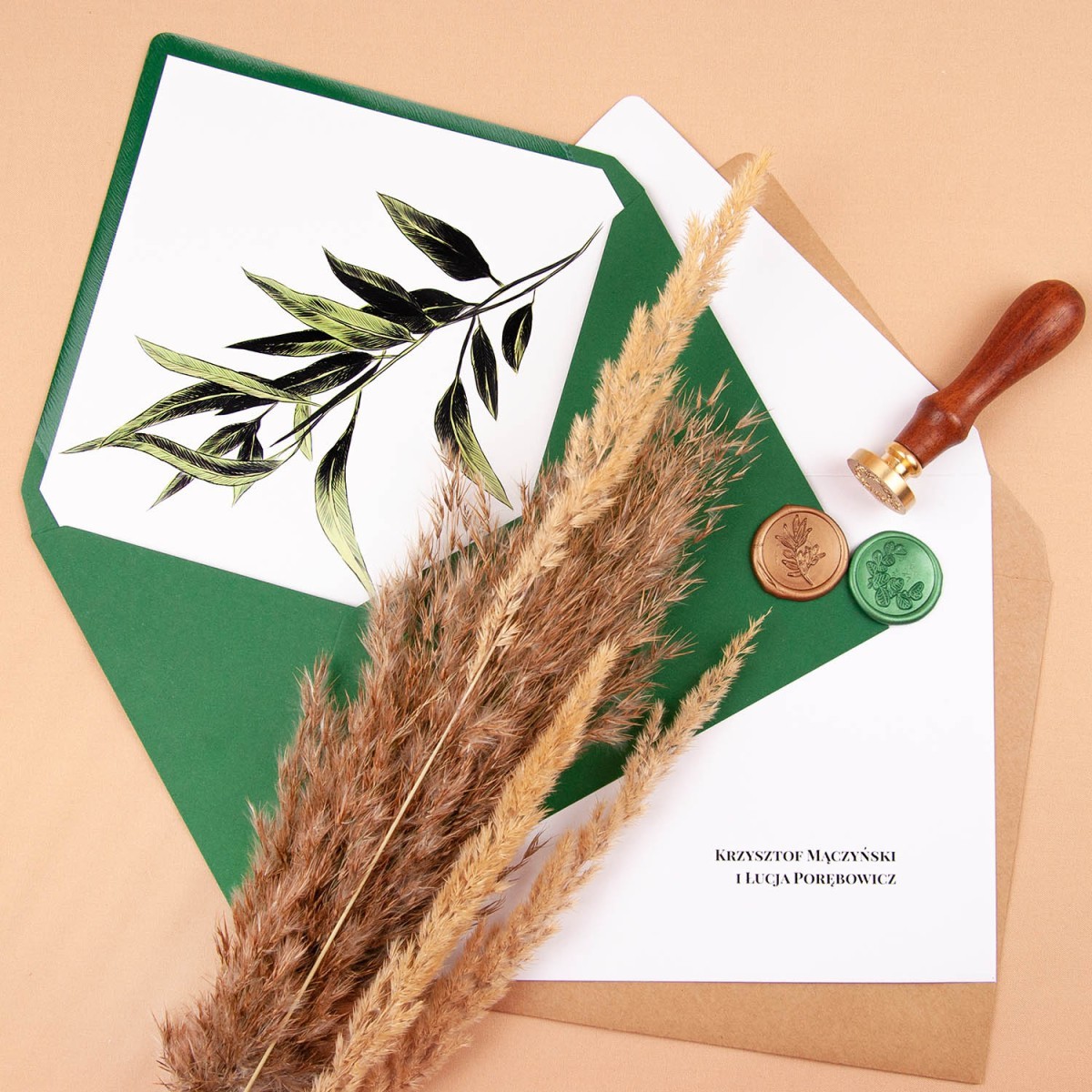 Rustykalne zaproszenia na Komunię Świętą z kalką i motywem gałązki oliwnej do uzupełnienia - Boho Communion