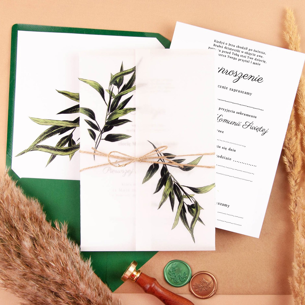 Rustykalne zaproszenia na Komunię Świętą z kalką i motywem gałązki oliwnej do uzupełnienia - Boho Communion