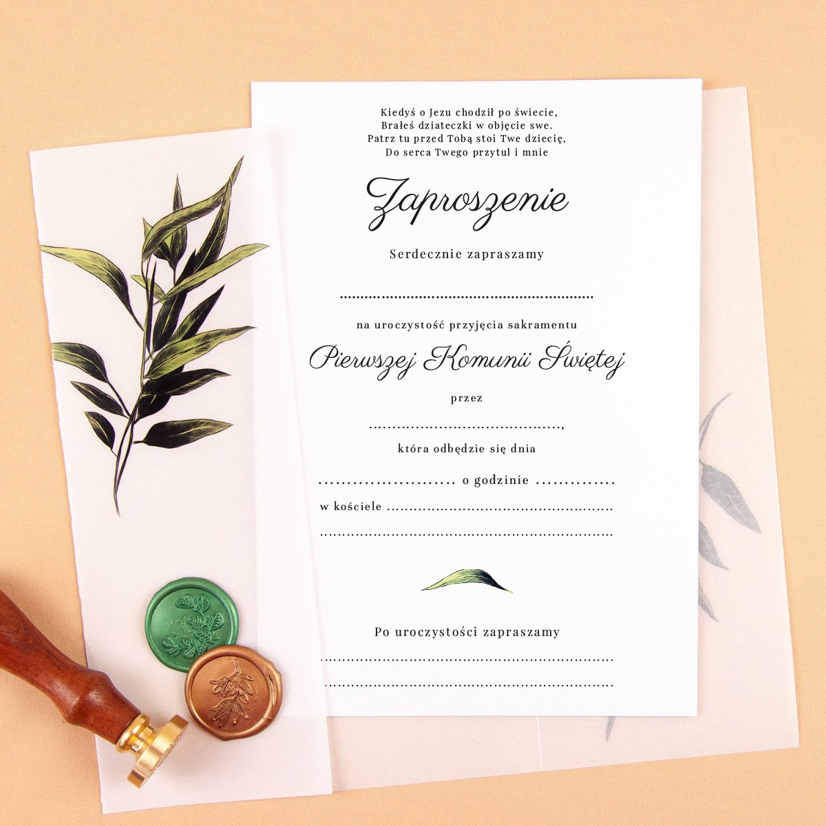 Rustykalne zaproszenia na Komunię Świętą z kalką i motywem gałązki oliwnej do uzupełnienia - Boho Communion