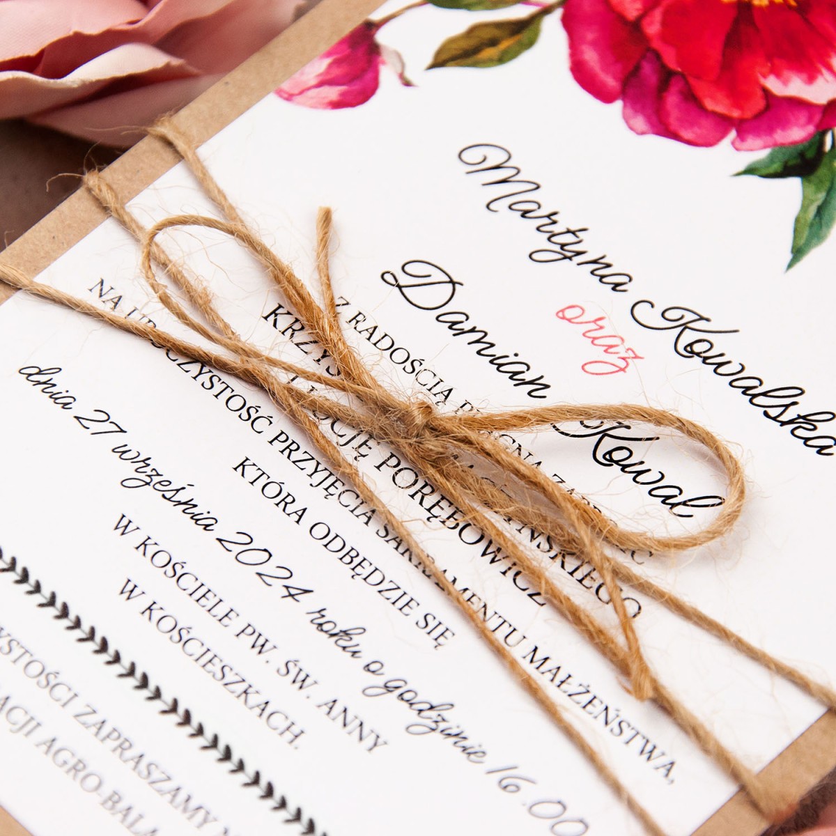 Rustykalne zaproszenia ślubne z motywem kwiatowym - Sweet Rose