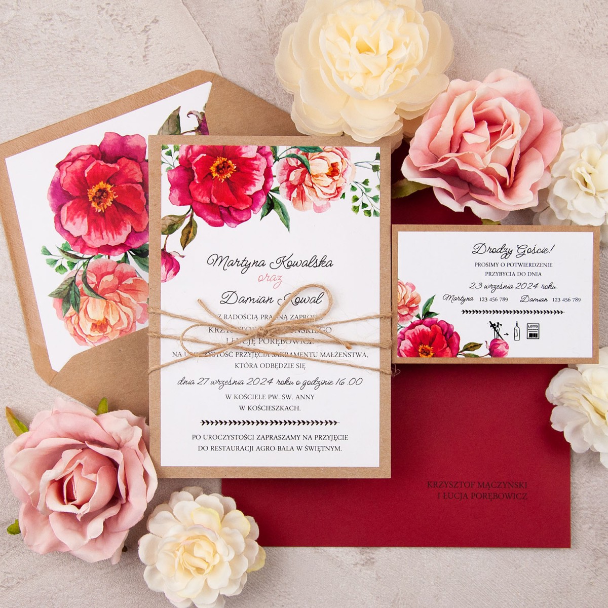 Rustykalne zaproszenia ślubne z motywem kwiatowym - Sweet Rose