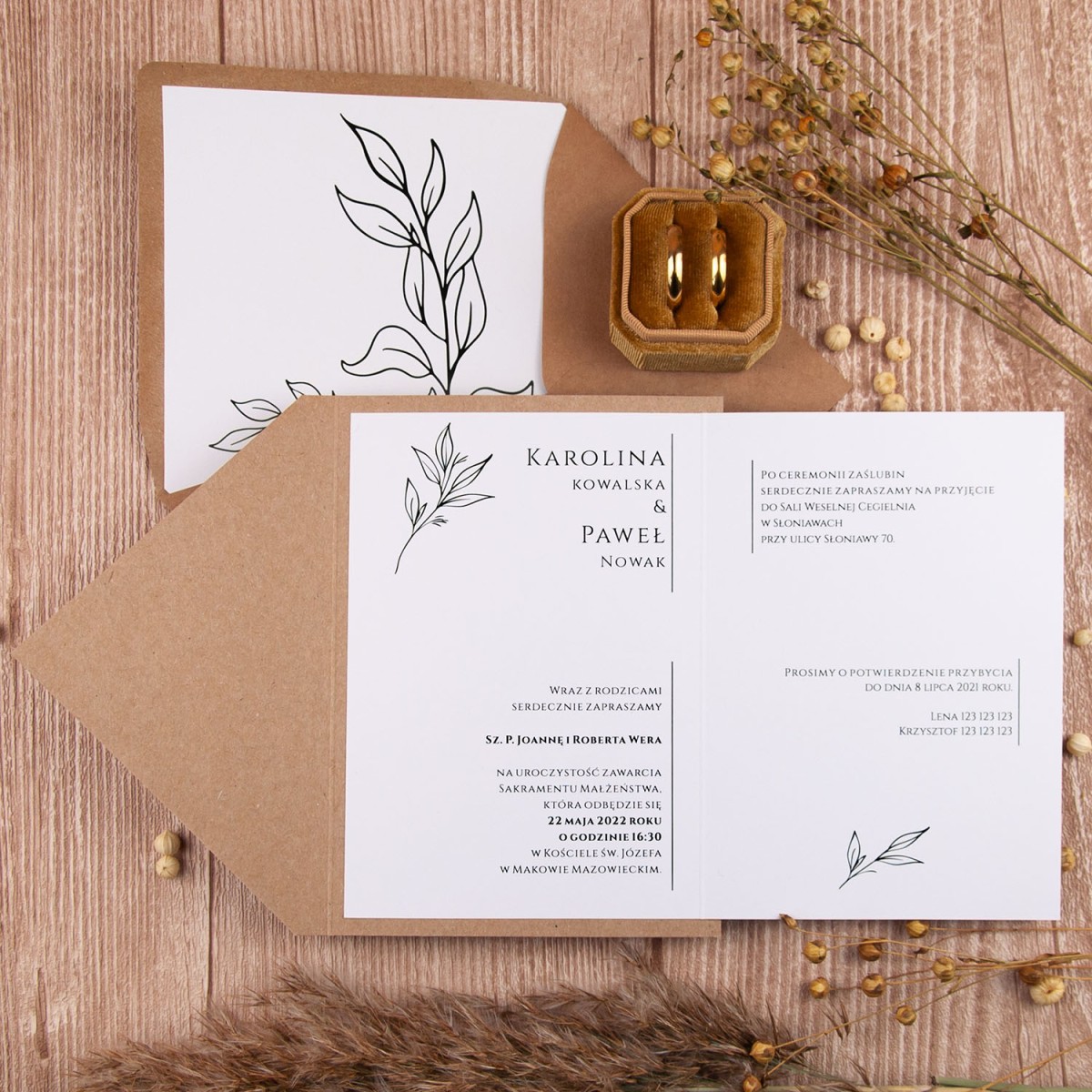 Rustykalne zaproszenia ślubne z papierem ekologicznym i minimalistycznymi liśćmi - Wild Eco - PRÓBKA