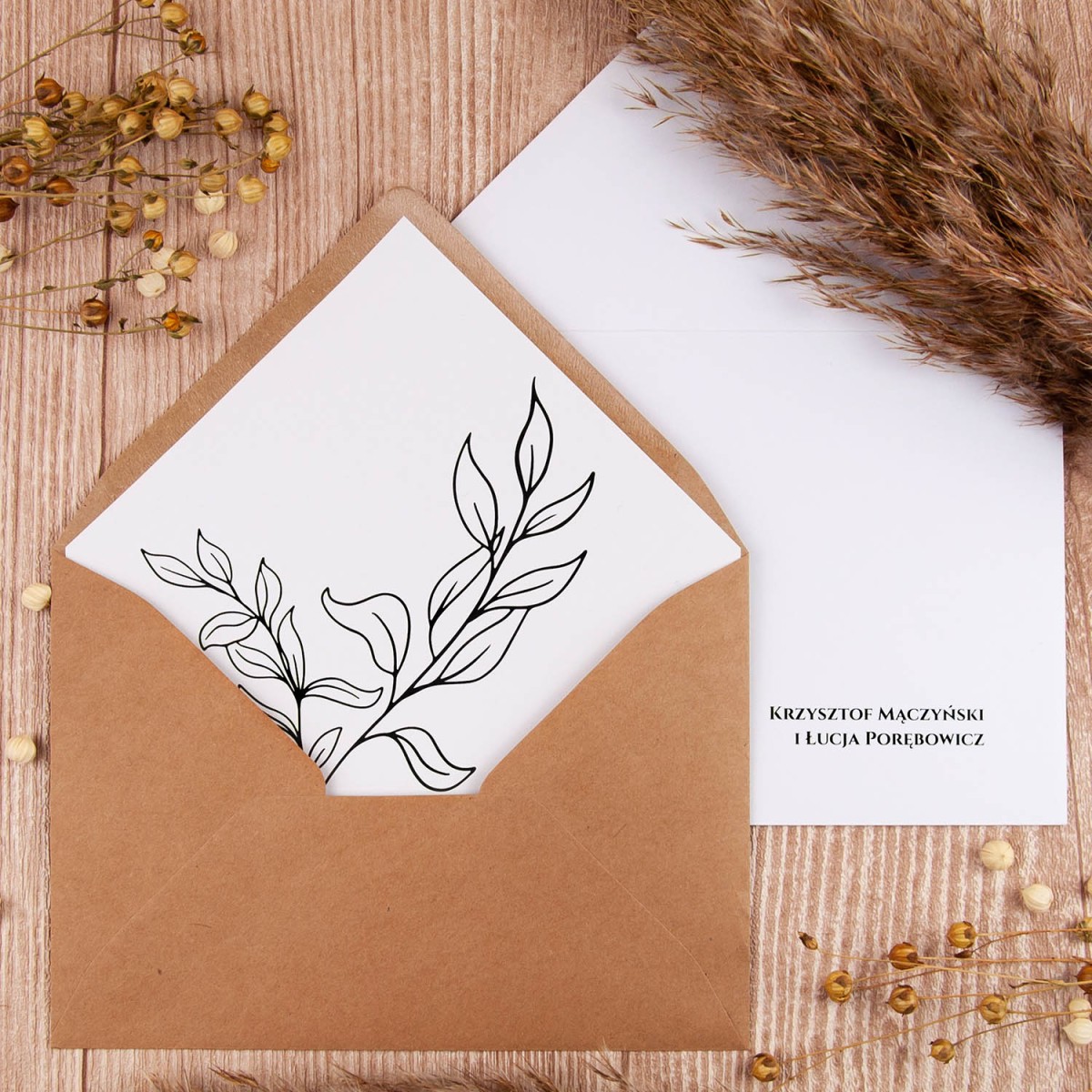 Rustykalne zaproszenia ślubne z papierem ekologicznym i minimalistycznymi liśćmi - Wild Eco