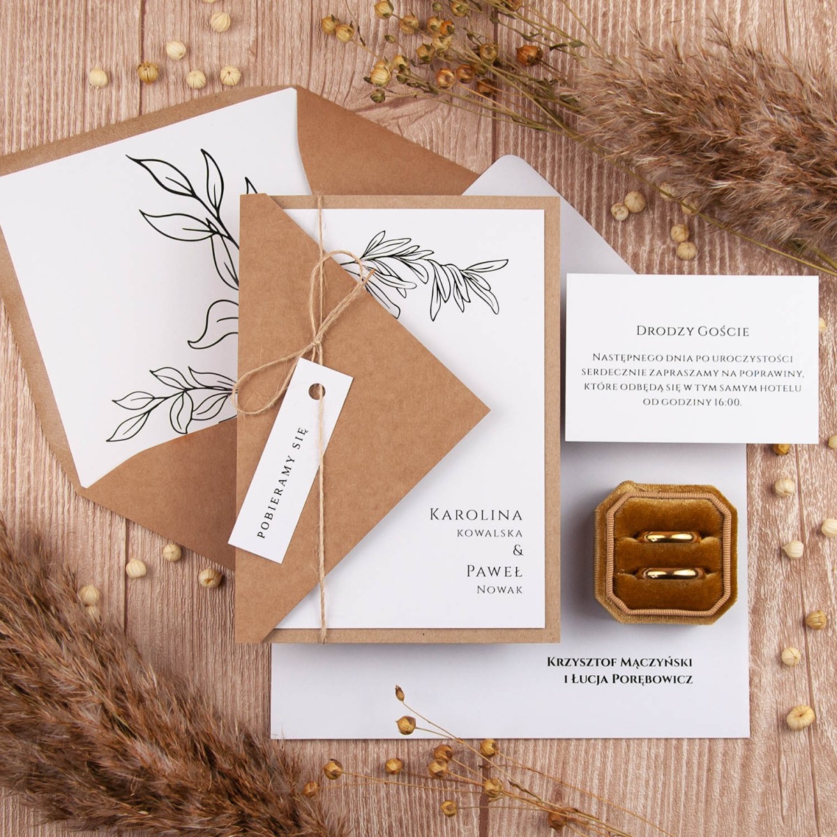 Rustykalne zaproszenia ślubne z papierem ekologicznym i minimalistycznymi liśćmi - Wild Eco - PRÓBKA