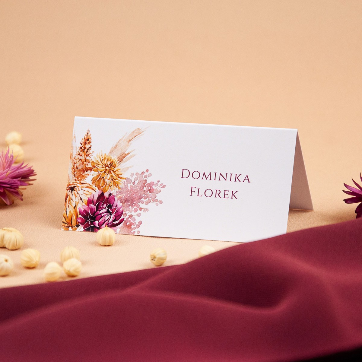 Winietki na stoły weselne z motywem suszonych kwiatów - Sunset, Dry Leaves - PRÓBKA