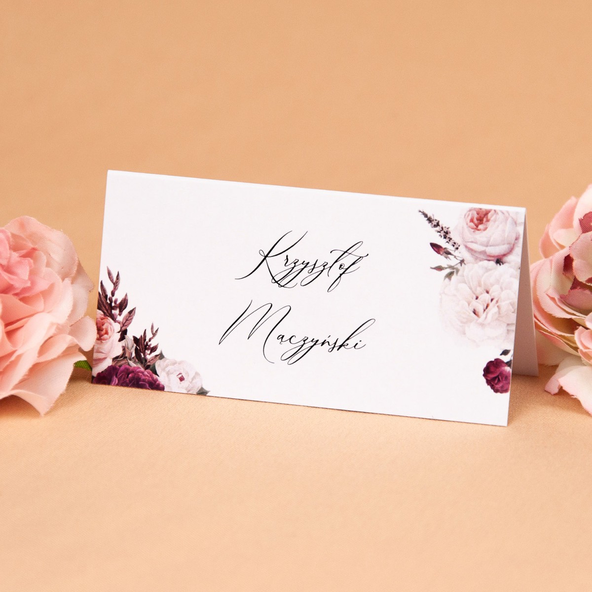 Winietki weselne z białymi i bordowymi kwiatami - Rose & White, Maroon Flowers - PRÓBKA