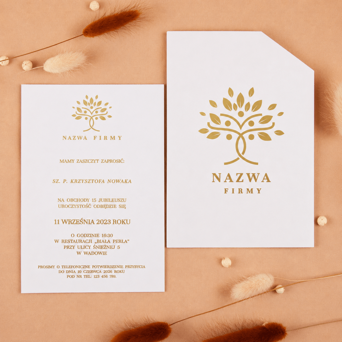 Zaproszenia biznesowe z białym etui i ze złoconym logo firmy - Glamour White Case