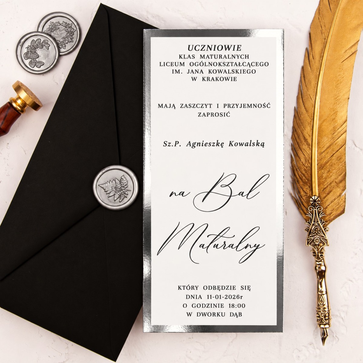 Eleganckie zaproszenia na bal maturalny na białym papierze ze srebrną ramką - Silver Prom