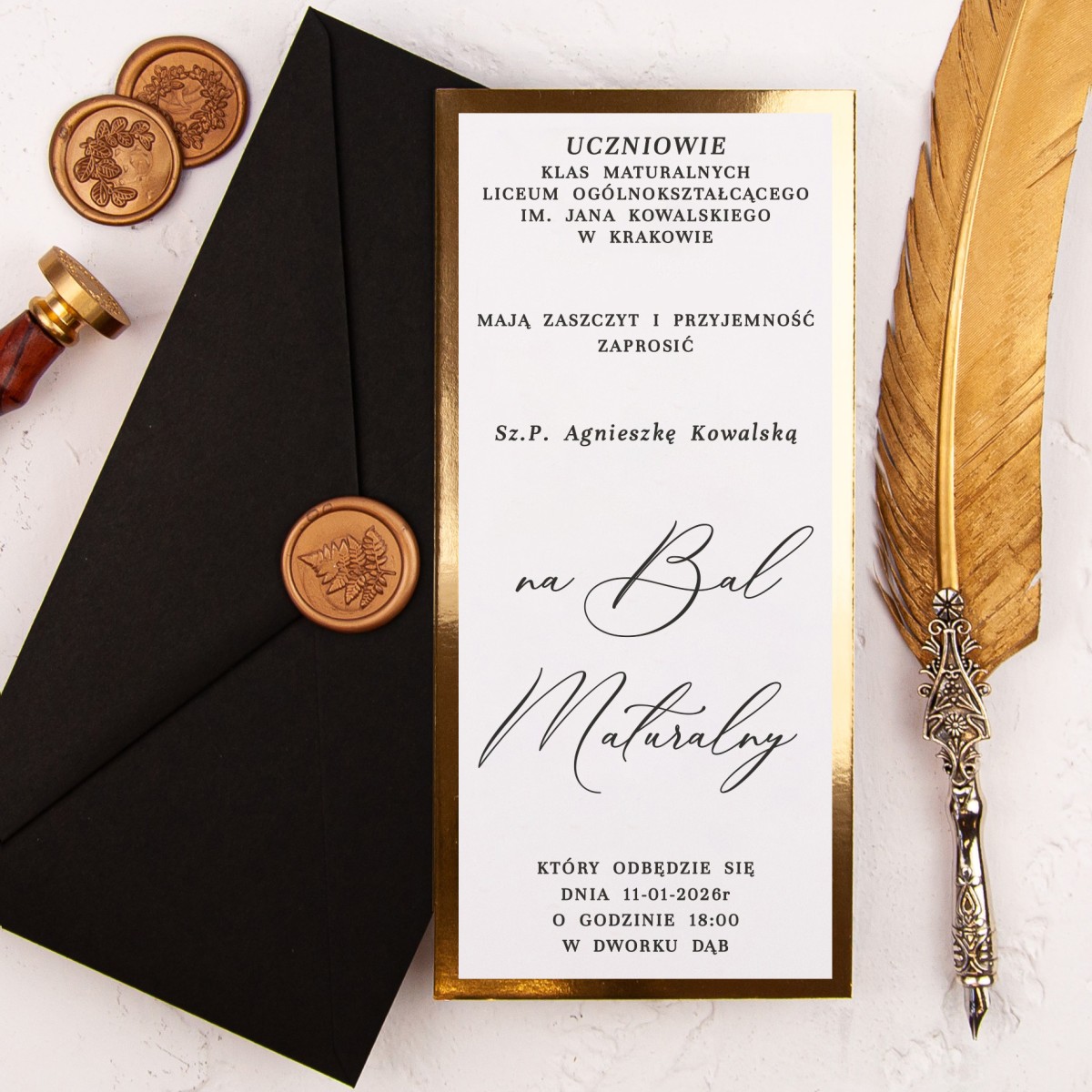 Eleganckie zaproszenia na bal maturalny na białym papierze ze złotą ramką - Gold Prom