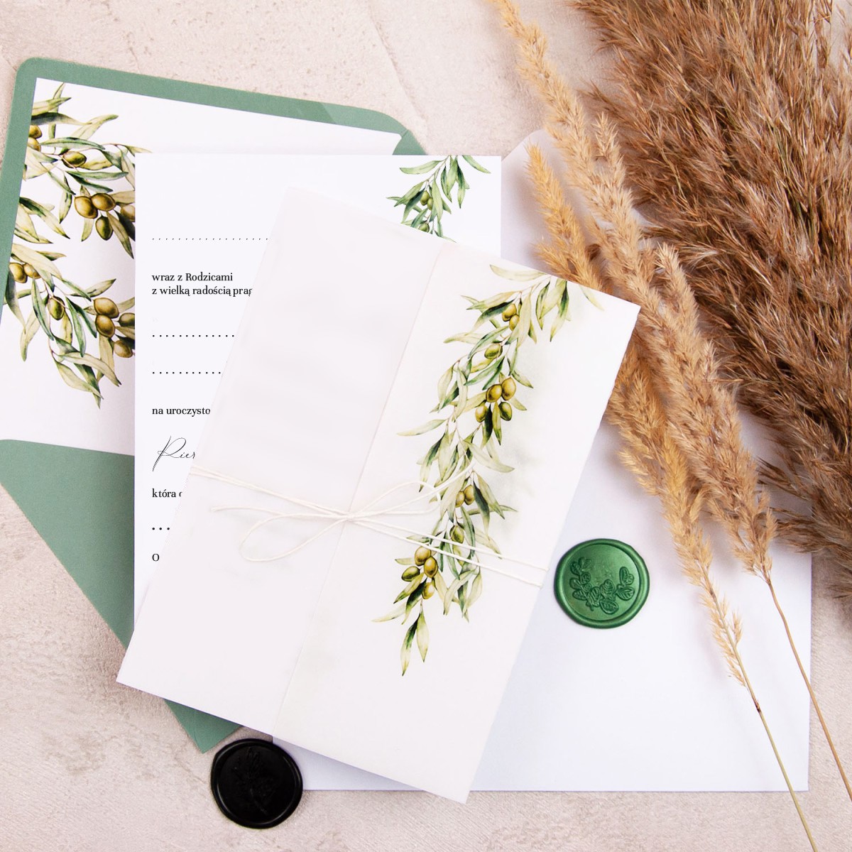 Zaproszenia na Komunię Świętą z kalką i motywem gałązek oliwnych do uzupelnienia - Pure Olive Communion