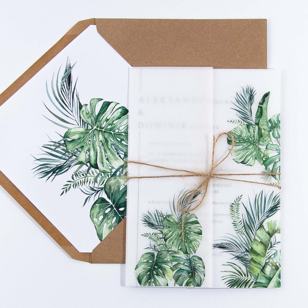 Botaniczne Zaproszenia Ślubne z kwiatami Monstery i kalką - Monstera