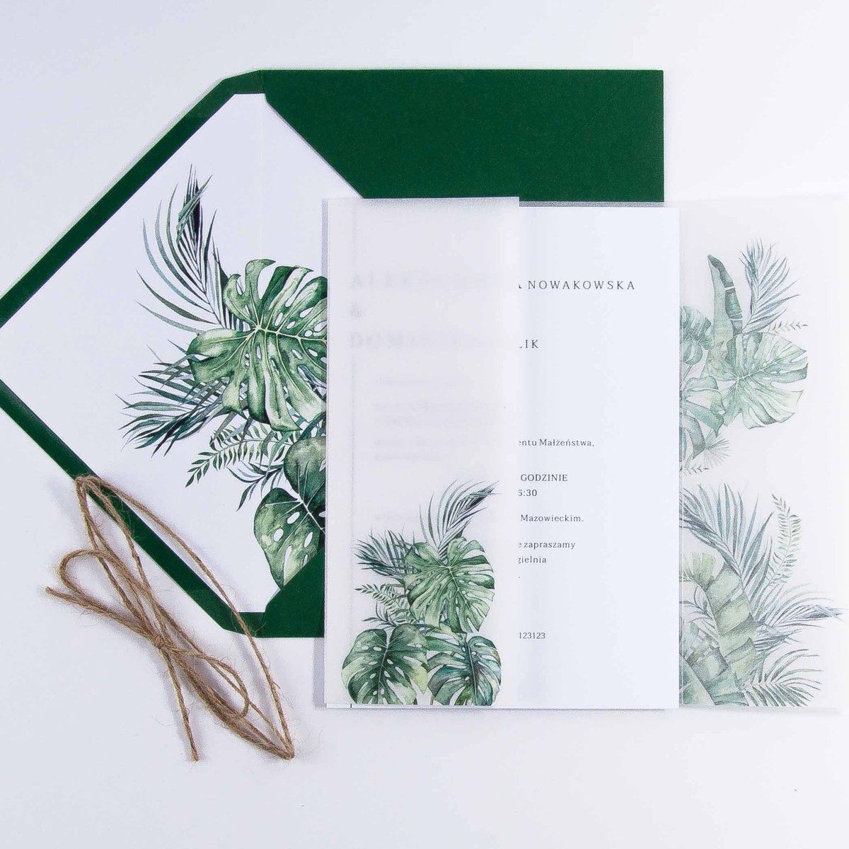 Botaniczne Zaproszenia Ślubne z kwiatami Monstery i kalką - Monstera