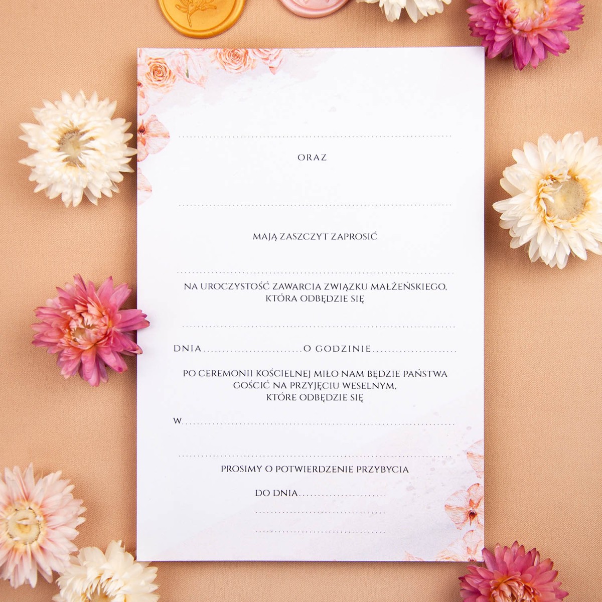 Zaproszenia na ślub z ramką i pastelowymi kwiatami do własnoręcznego uzupełnienia - Aurora - LAST MINUTE