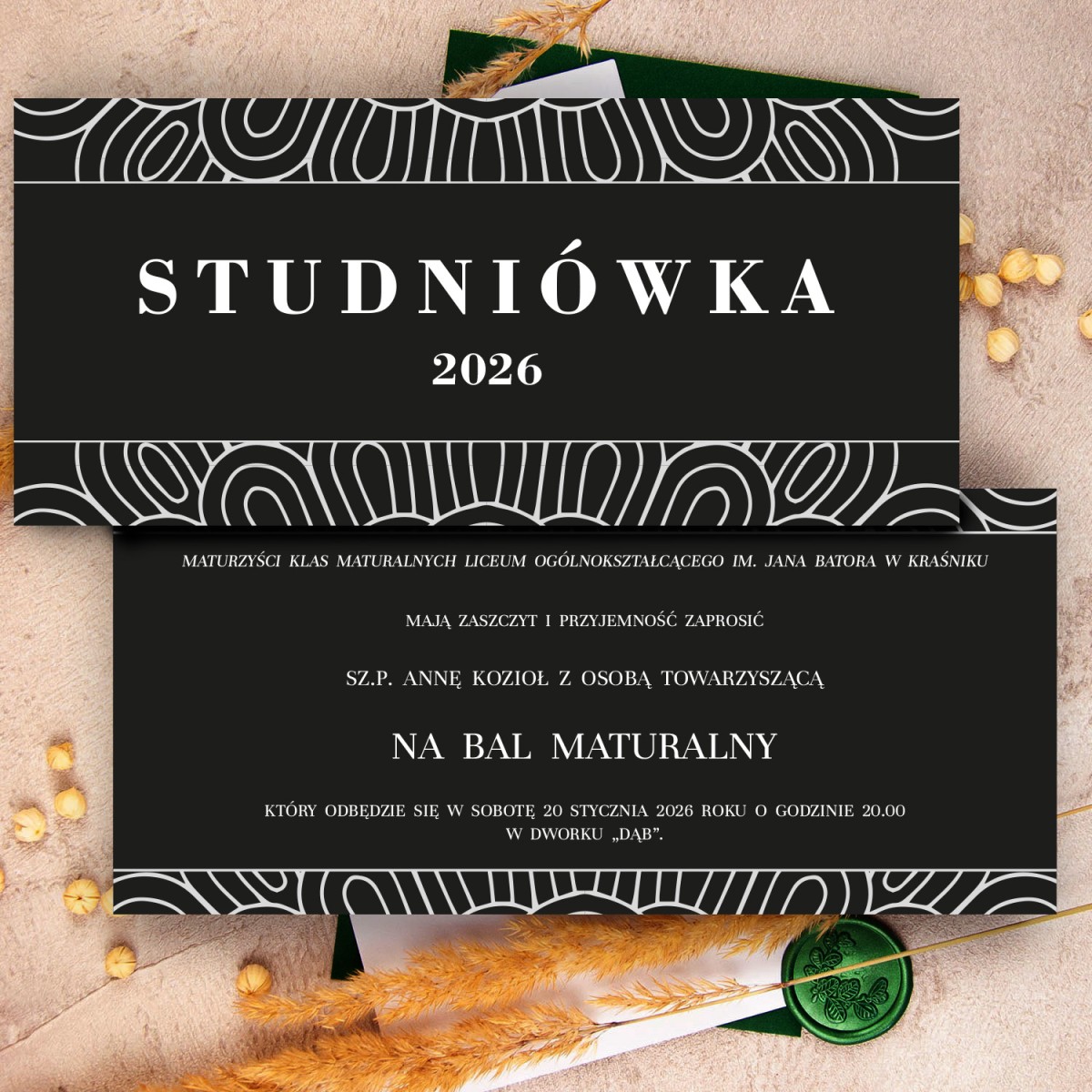 Jednokartowe zaproszenia na studniówkę z dwustronnym białym nadrukiem - Prom