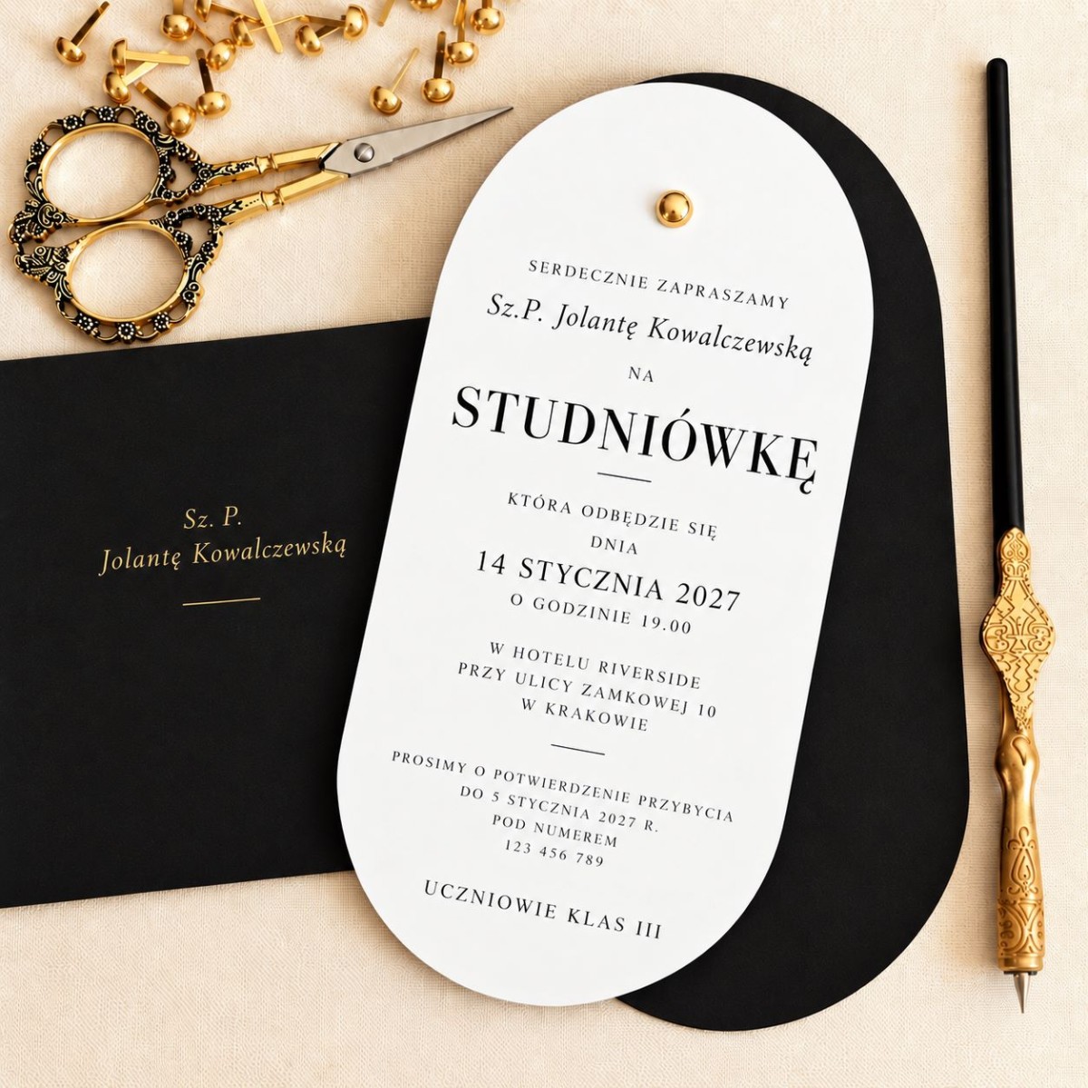 Eleganckie zaproszenia na bal maturalny studniówkę - Noir Elegance Prom