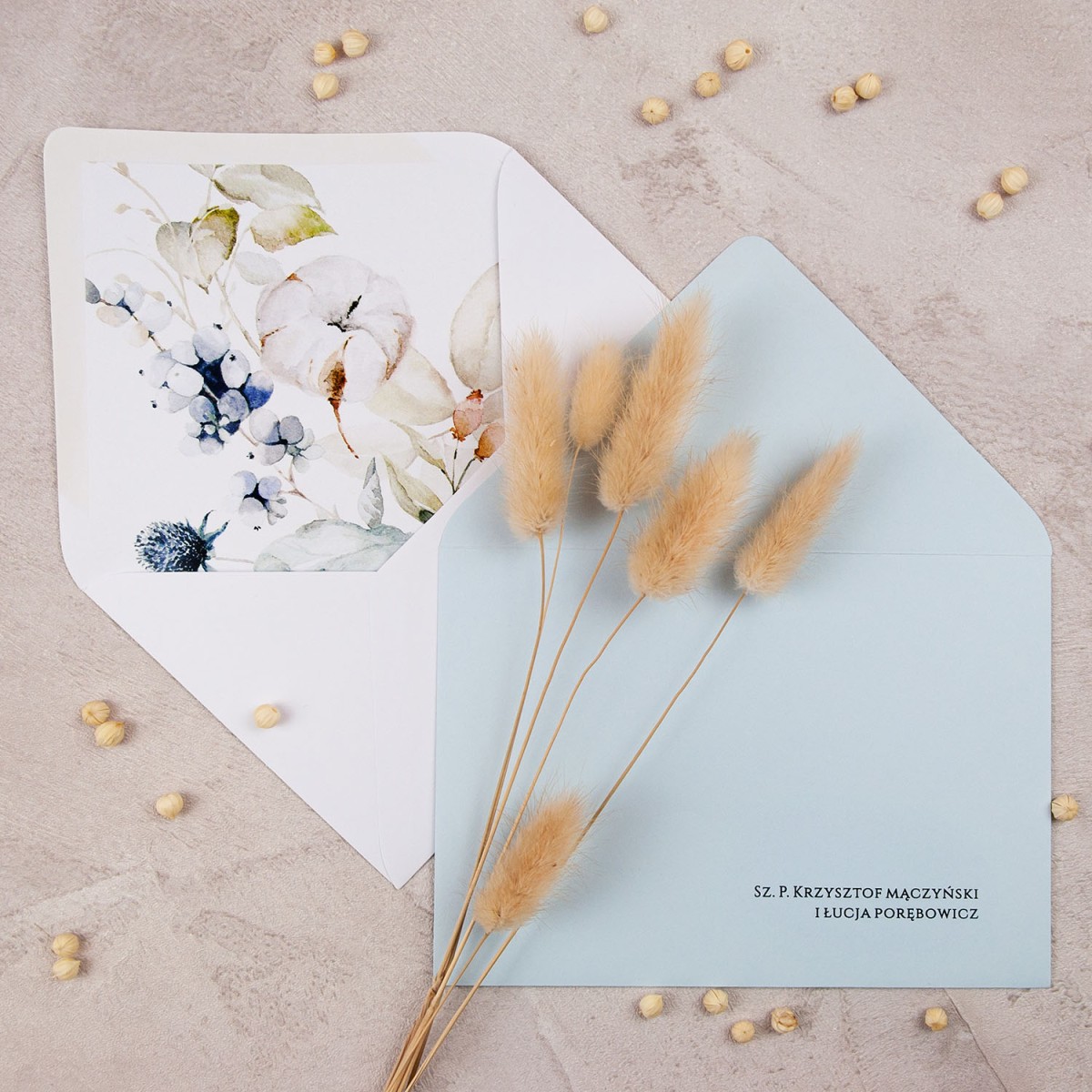 Zaproszenia ślubne 2-kartowe z delikatną grafiką gałązek - Queen Blue