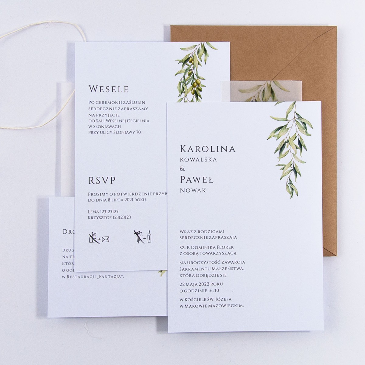 Zaproszenia Ślubne z kalką i gałązką oliwną - Pure Olive