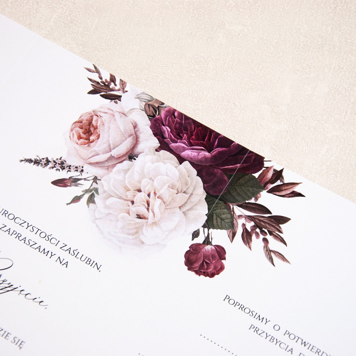 Zaproszenia Ślubne rozkładane na 4 części z bordowymi i białymi kwiatami do własnoręcznego uzupełnienia - Maroon Flowers - LAST MINUTE