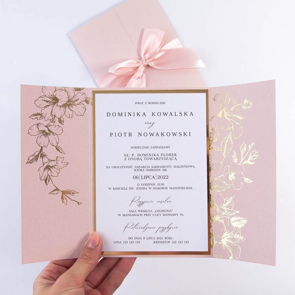 Zaproszenia Ślubne Eleganckie pozłacane kwiaty na pudrowym papierze - Pink Princess