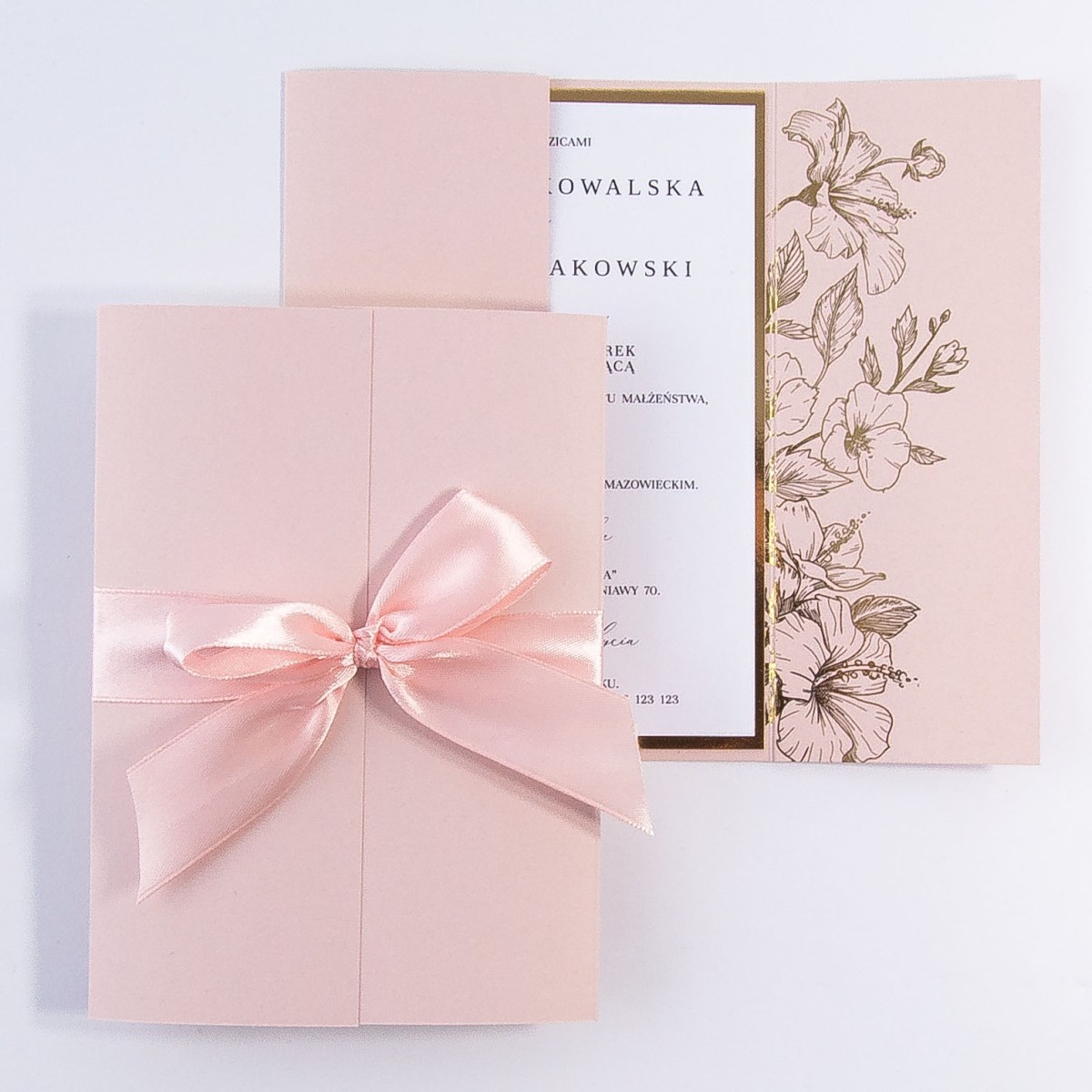 Zaproszenia Ślubne Eleganckie pozłacane kwiaty na pudrowym papierze - Pink Princess