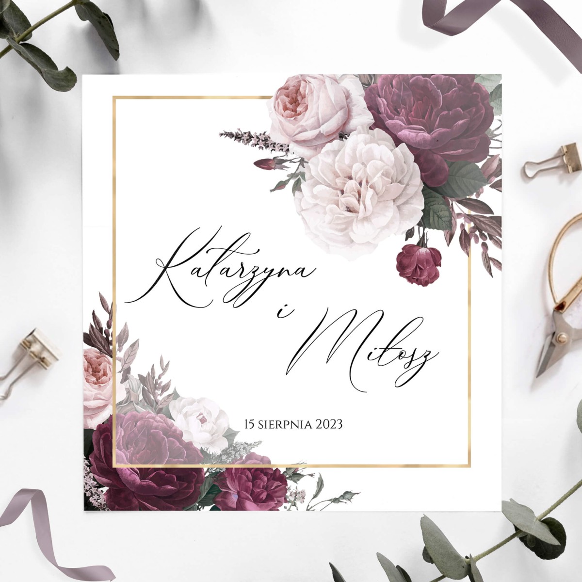 Zaproszenia na ślub z białymi i bordowymi kwiatami - Rose & White