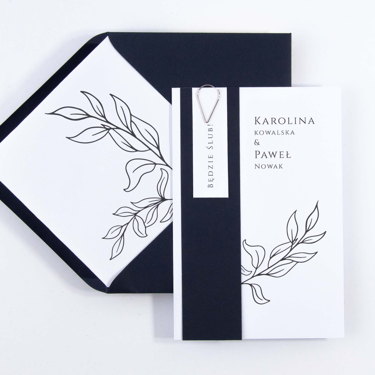 Zaproszenia Ślubne ze spinaczem minimalistyczne liście - Kingdom Blue - PRÓBKA