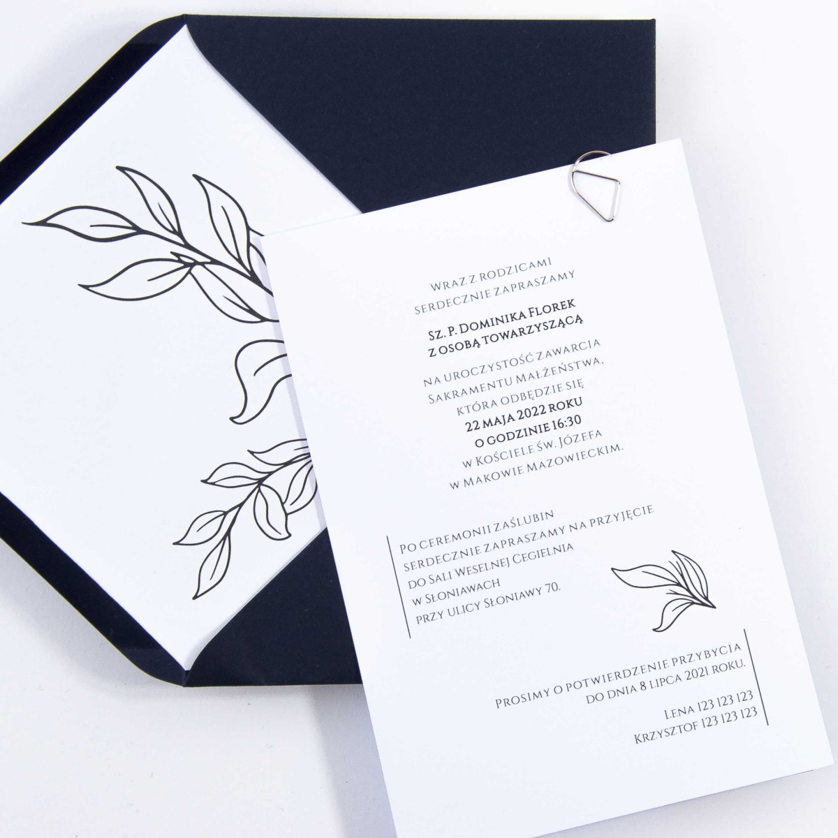 Zaproszenia Ślubne ze spinaczem minimalistyczne liście - Kingdom Blue
