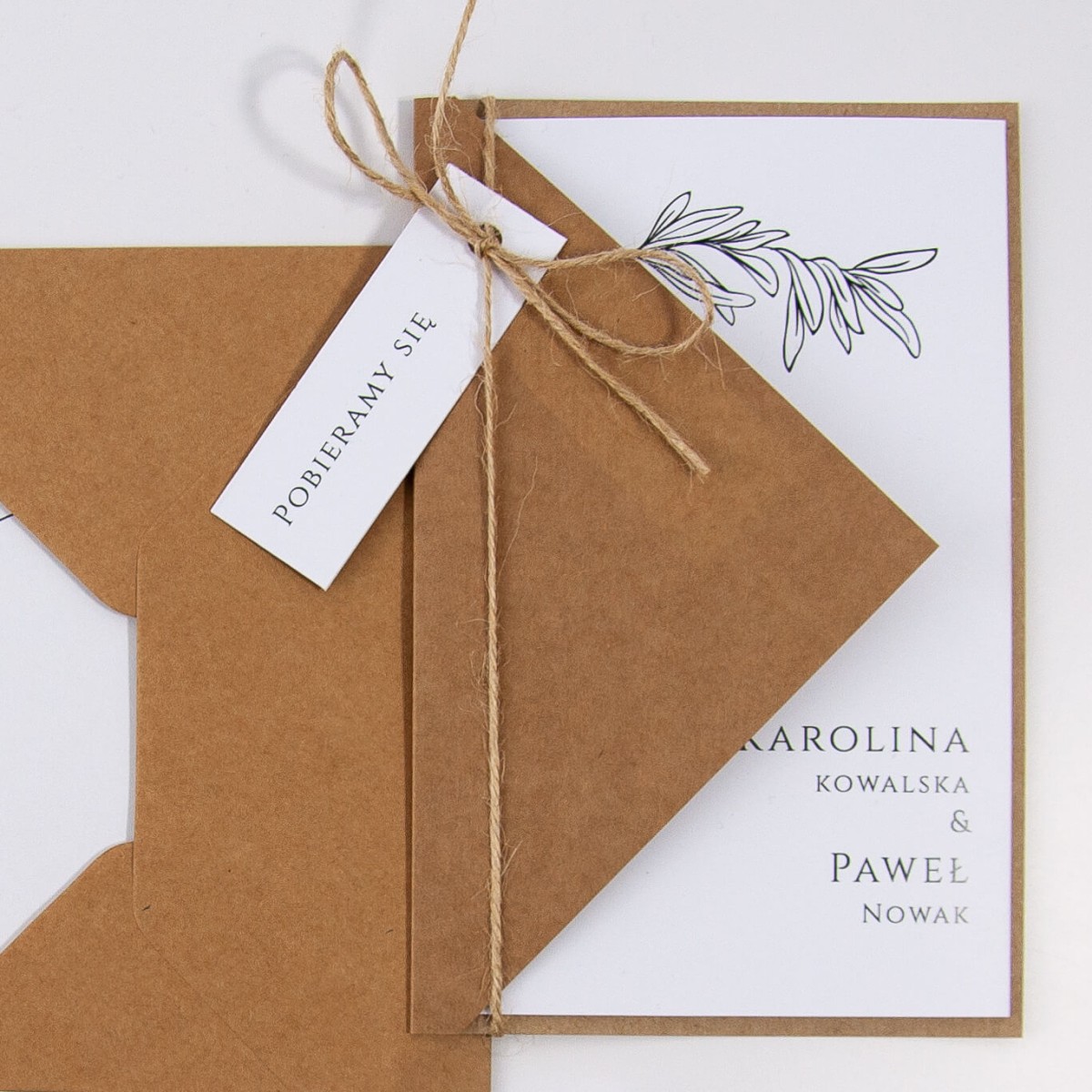 Zaproszenia Ślubne rustykalne z papierem eko i minimalistycznymi liśćmi- Wild