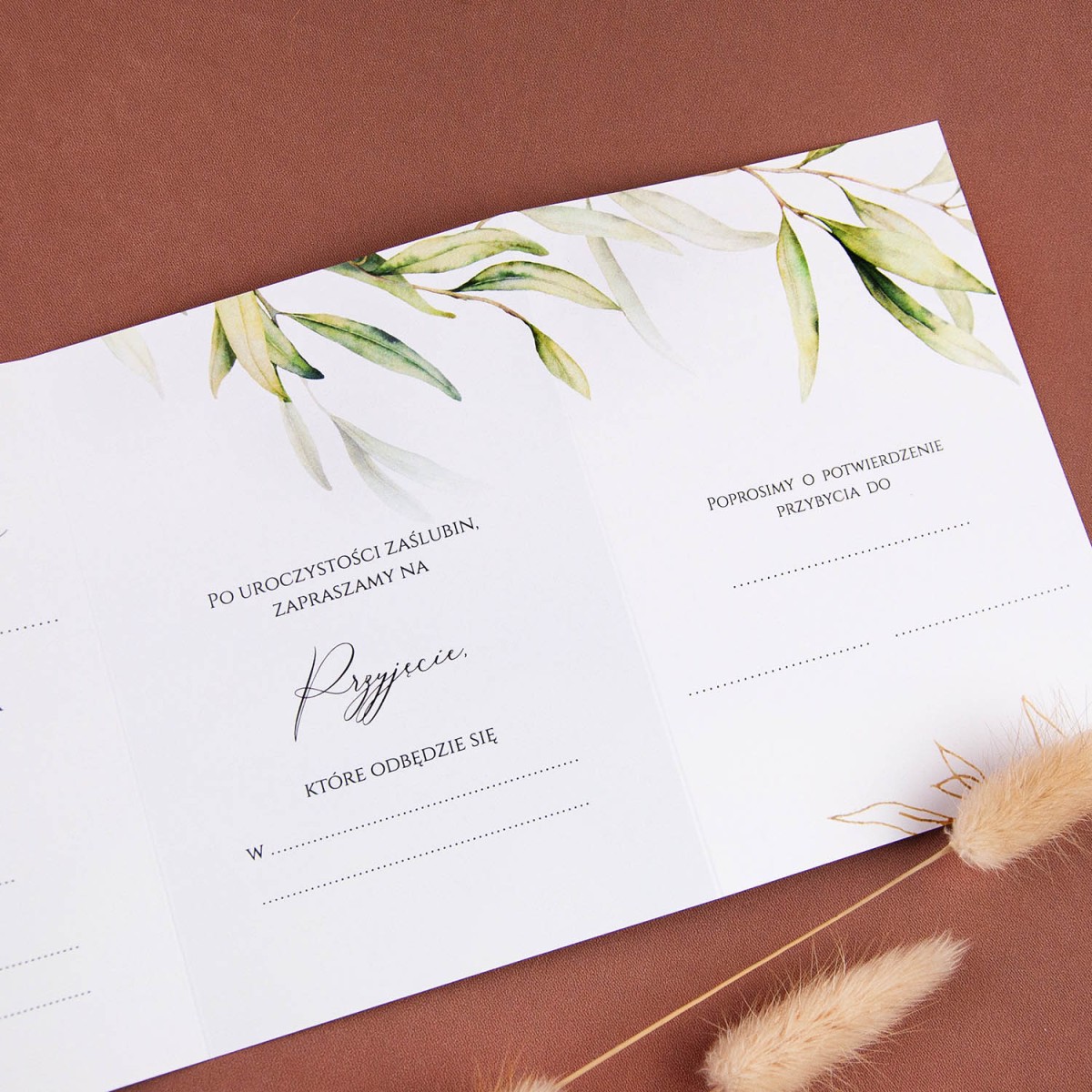 Zaproszenia ślubne z delikatnymi zielonymi i złotymi listkami otwierane w harmonijkę do własnoręcznego uzupełnienia - Green Peace Booklet - LAST MINUTE