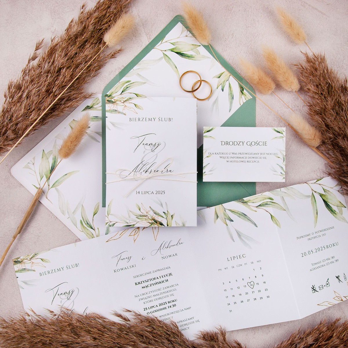 Zaproszenia ślubne z delikatnymi zielonymi i złotymi listkami otwierane w harmonijkę - Green Peace Booklet - PRÓBKA