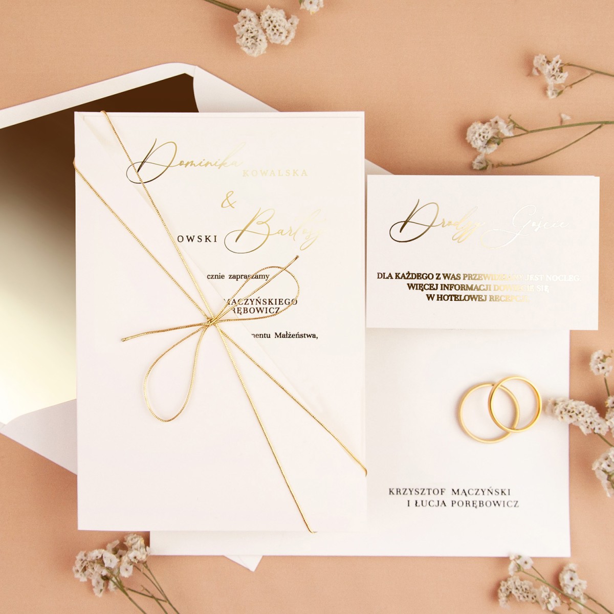 Zaproszenia Ślubne z elegancką kieszonką w kolorze ecru i złotym sznureczkiem - Ecru Pocket - PRÓBKA