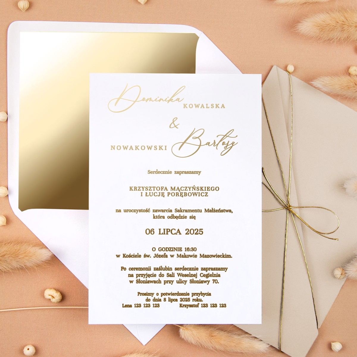 Zaproszenia Ślubne z elegancką kieszonką w kolorze szarym i złotym sznureczkiem - Grey Pocket