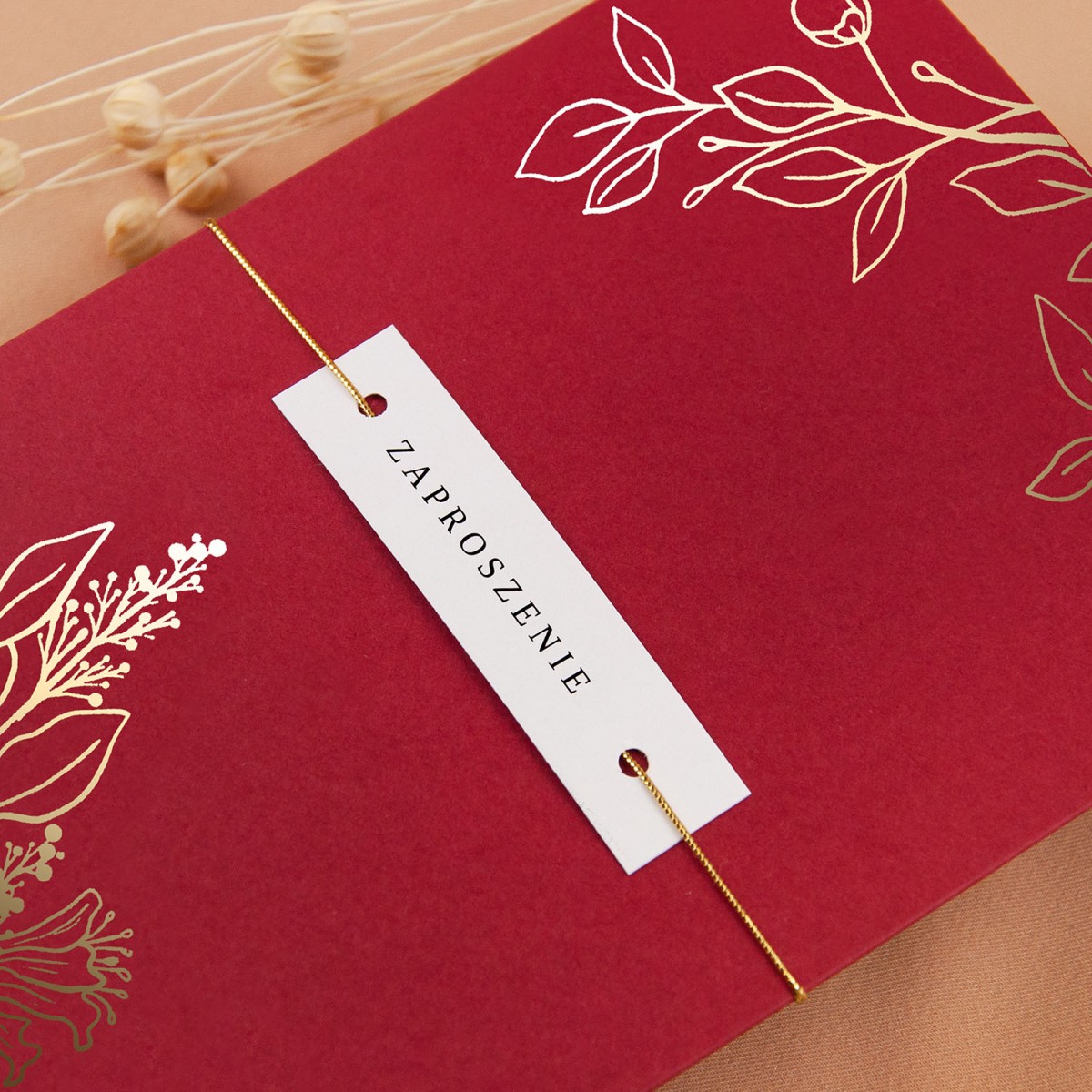 Zaproszenia Ślubne z etui w kolorze czerwonymi ze złoconymi gałązkami - Glamour Red Case