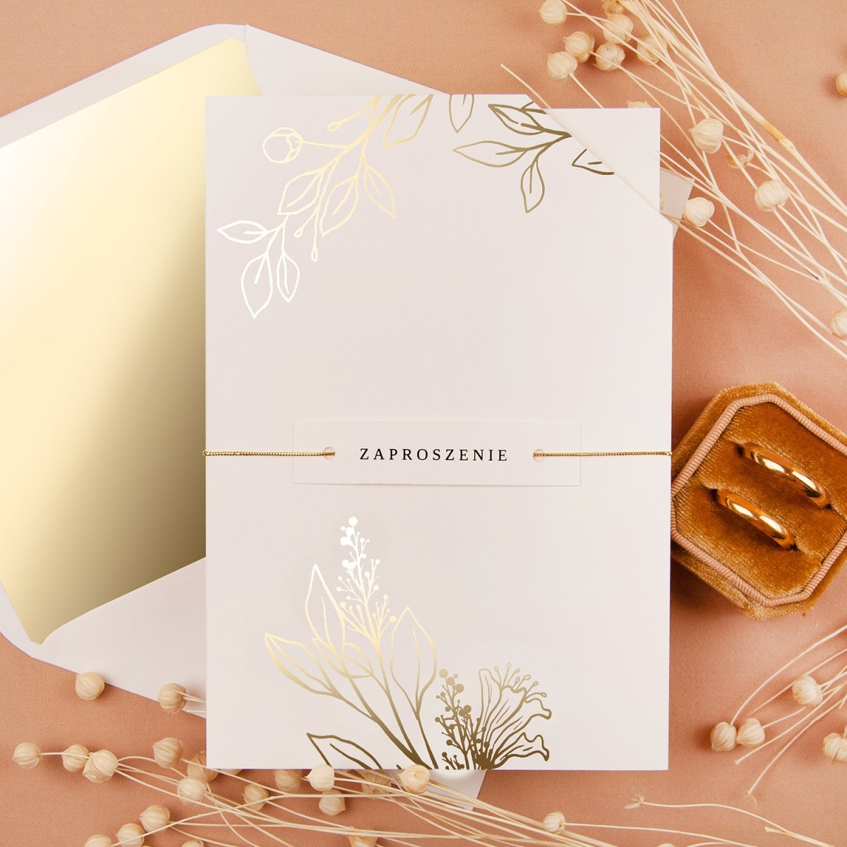 Zaproszenia Ślubne z etui w kolorze ecru i ze złoconymi gałązkami do własnoręcznego uzupełnienia - Glamour Ecru Case - LAST MINUTE