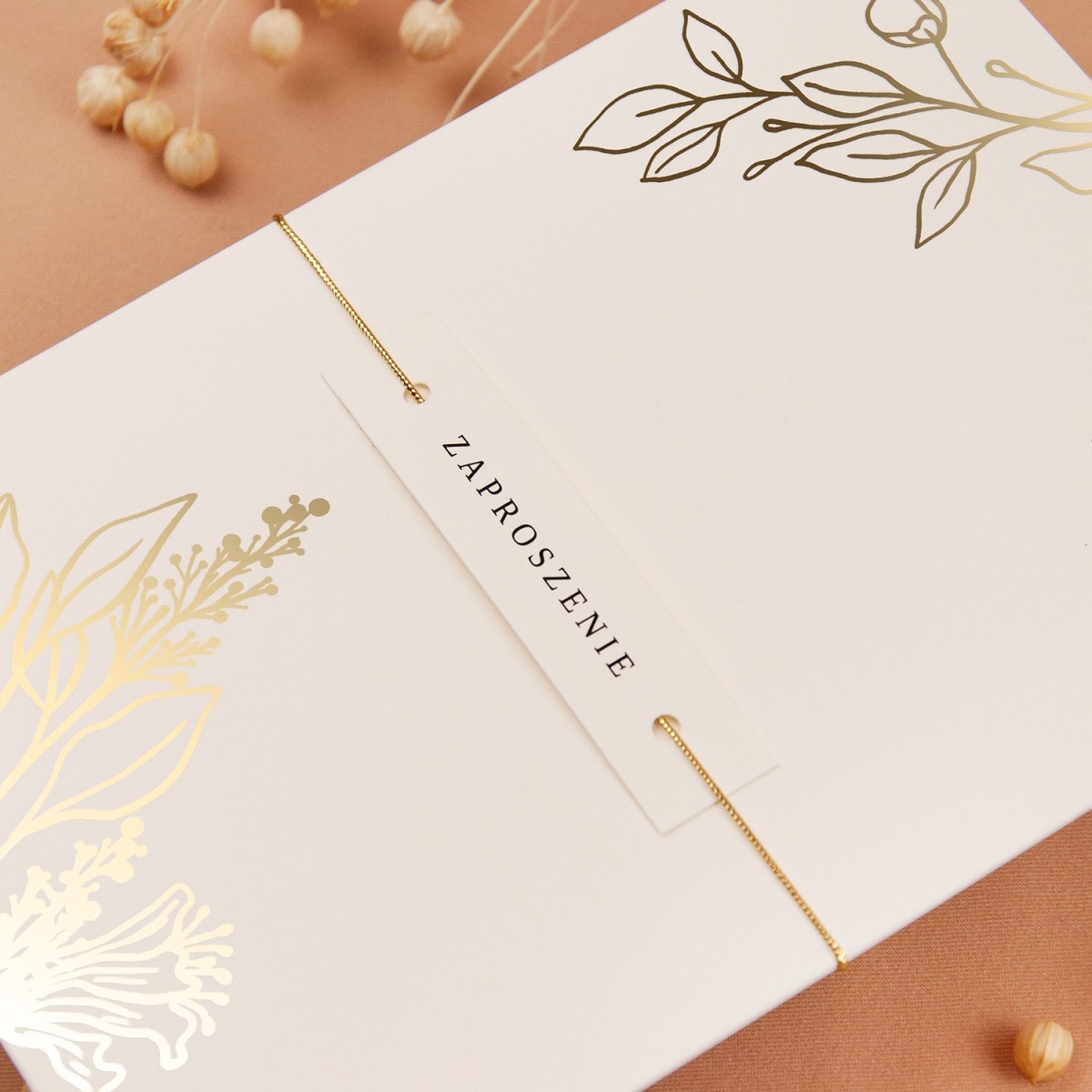 Zaproszenia Ślubne z etui w kolorze ecru i ze złoconymi gałązkami - Glamour Ecru Case