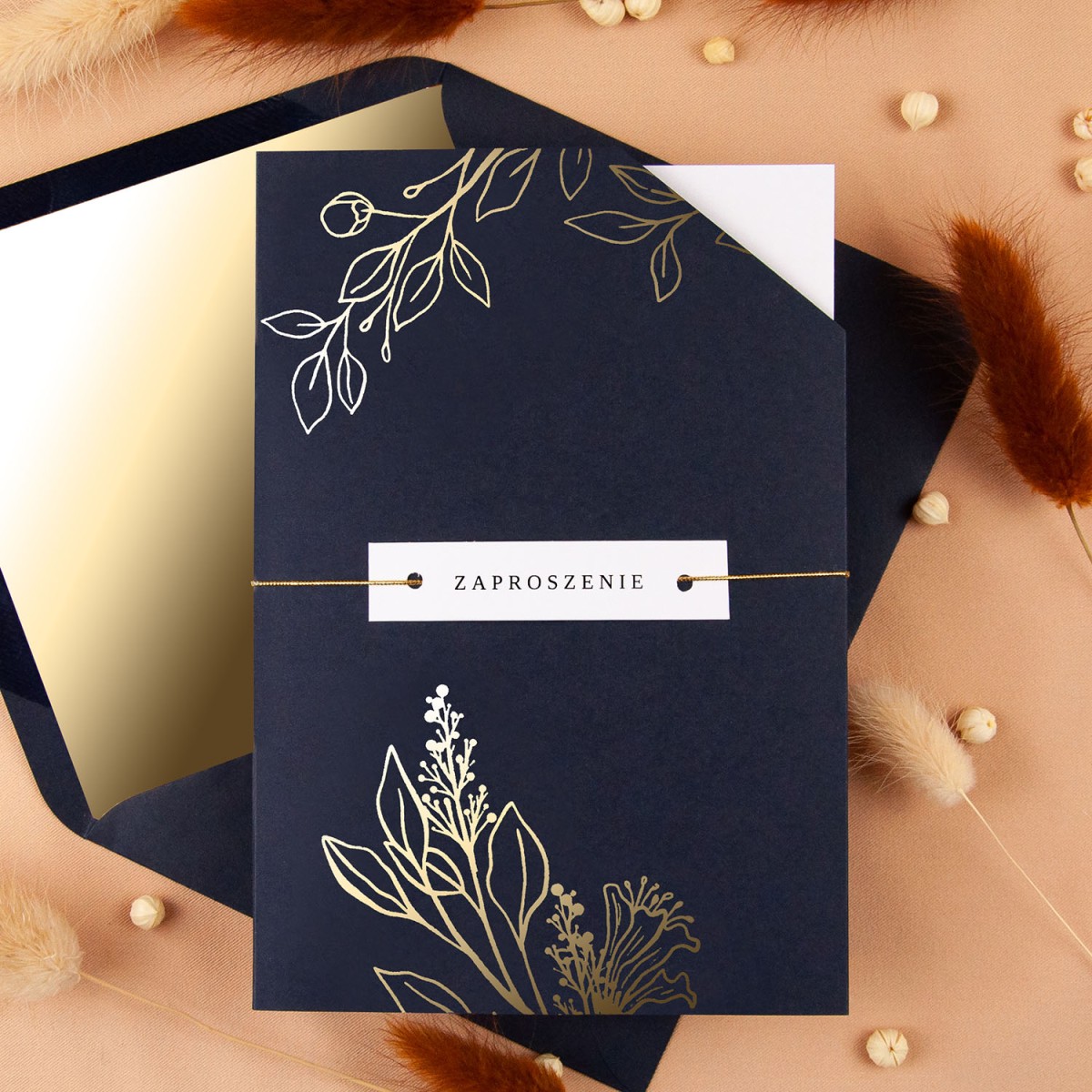 Zaproszenia Ślubne z etui w kolorze granatowym i ze złoconymi gałązkami - Glamour Navy Case - PRÓBKA