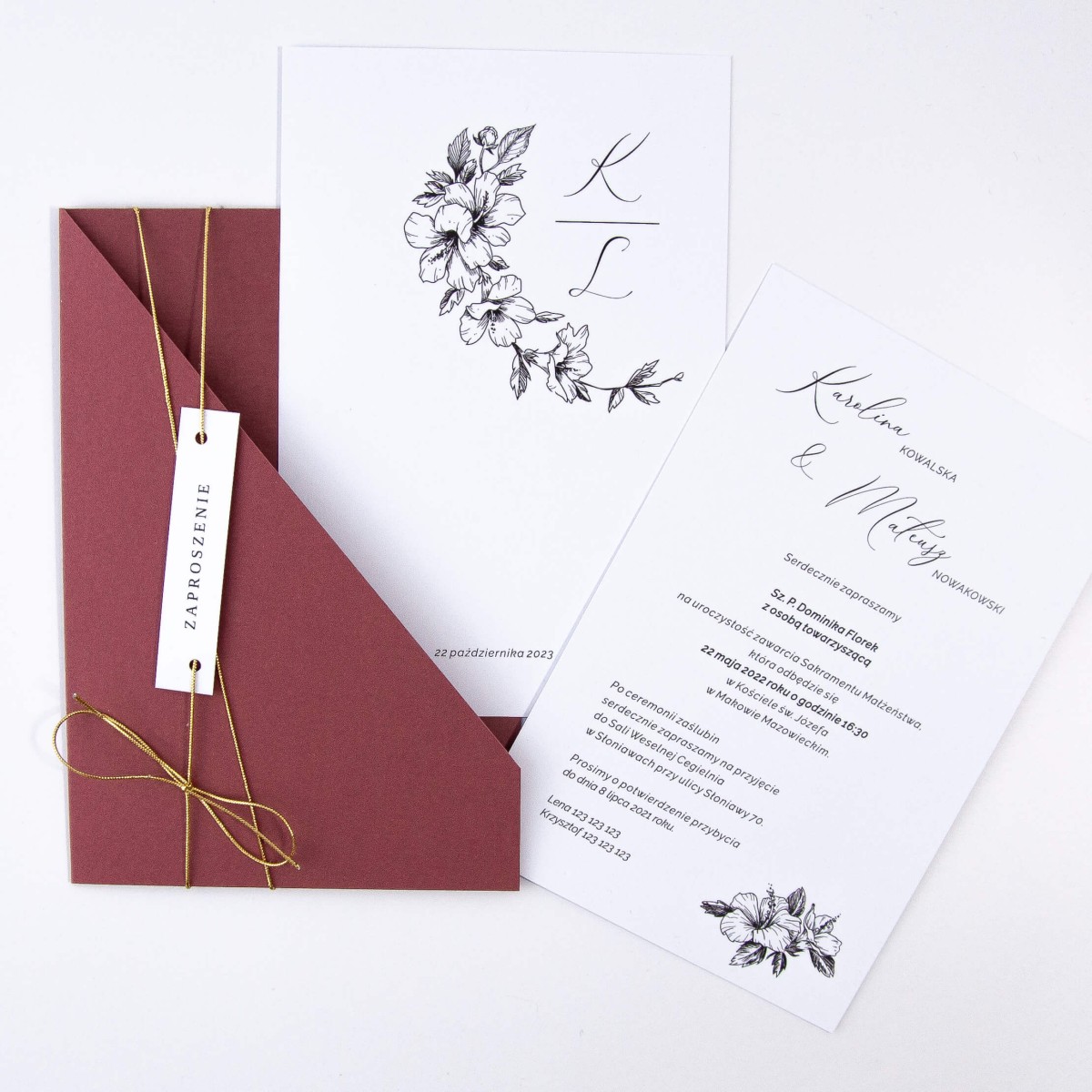Zaproszenia Ślubne z elegancką bordową kieszonką i złotym sznurkiem - Marsala Pocket