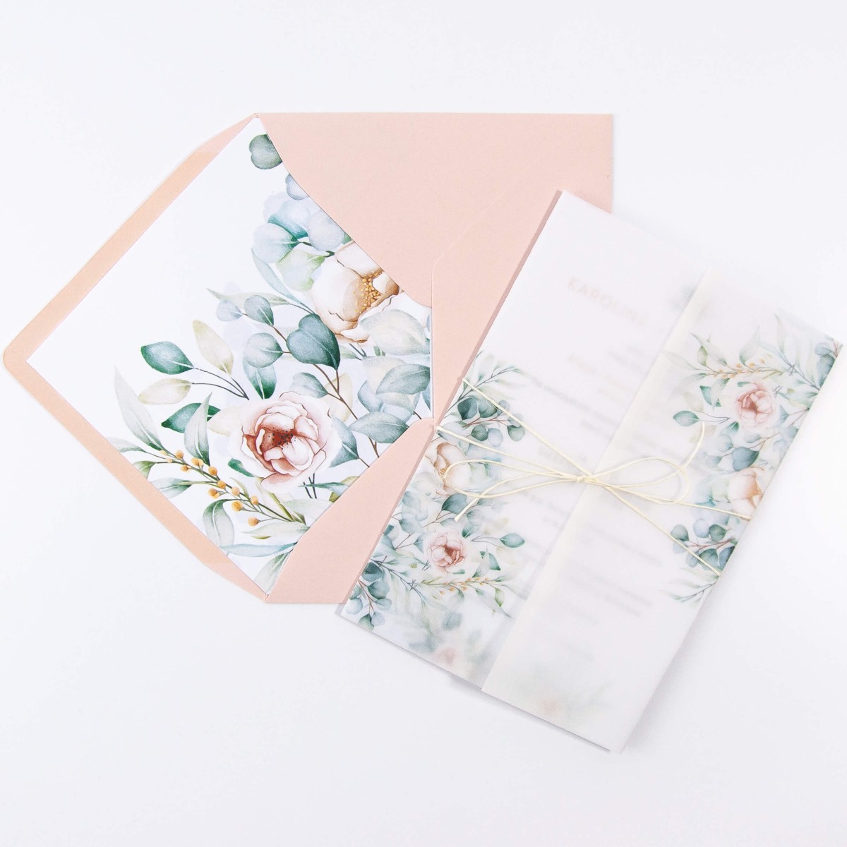 Rustykalne zaproszenia ślubne z kalką i kwiatami - Powder Flowers