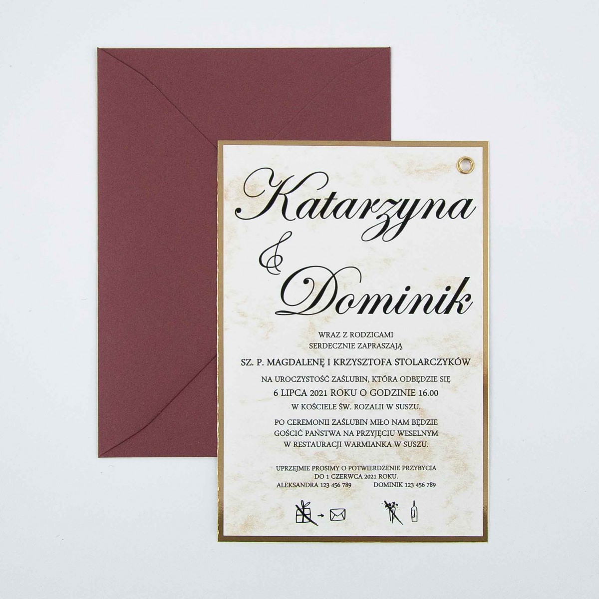 Eleganckie pozłacane zaproszenia ślubne ze złotym marmurkiem Valerie Double