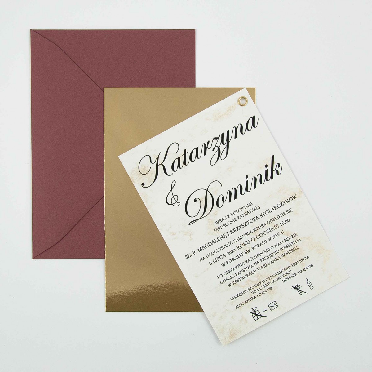 Eleganckie pozłacane zaproszenia ślubne ze złotym marmurkiem Valerie Double