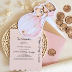 Zaproszenia na chrzest z różowym misiem w balonie i złotym pinem - Pink Teddy Balloon