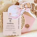 Zaproszenia na urodziny dziecka z różowym misiem w balonie i złotym pinem - Pink Teddy Balloon