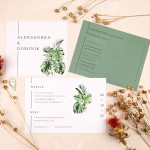 Botaniczne zaproszenia ślubne z zielonym spinaczem i liśćmi monstery - Monstera Clip - PRÓBKA