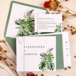Botaniczne zaproszenia ślubne z zielonym spinaczem i liśćmi monstery - Monstera Clip - PRÓBKA