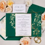 Eleganckie zaproszenia ślubne z pozłacanymi kwiatami na zielonym papierze - Green Princess - PRÓBKA