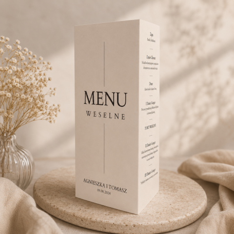 Wolnostojące menu weselne na fakturowanym papierze - Eveline